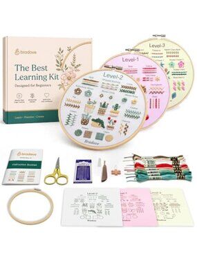 Embroidery Starter Kit Beginner Sewing Craft Set With Hoop Threads Patterns